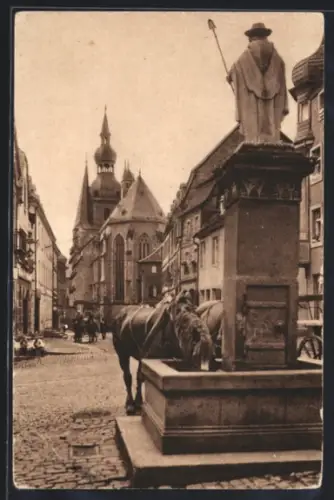 AK St. Wendel, Blick auf den Dom am Wendelinusbrunnen, Pferde