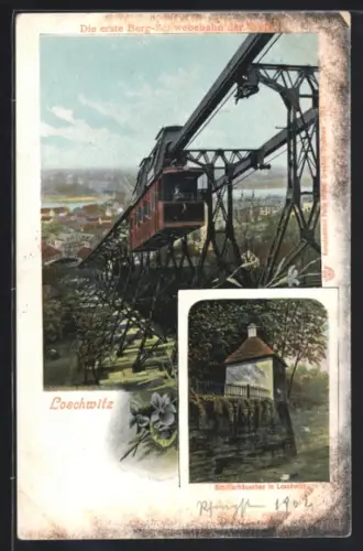 AK Loschwitz, Schwebebahn Nr. 1 fährt bergan, Schillerhäuschen