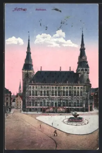 AK Aachen, Ortspartie mit Rathaus und Springbrunnen
