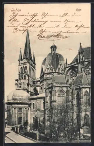 AK Aachen, Dom in der Aussenansicht mit Grünanlagen