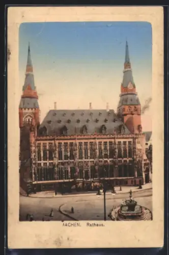AK Aachen, Ortspartie mit Rathaus und Brunnen