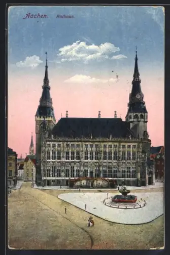 AK Aachen, Ortspartie mit Rathaus und Springbrunnen