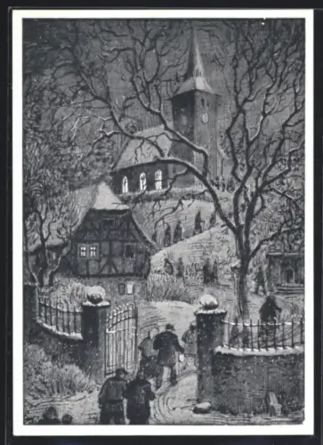 Künstler-AK sign. Ernst Fay: Jugenheim, Evangelische Kirche in einer Winternacht
