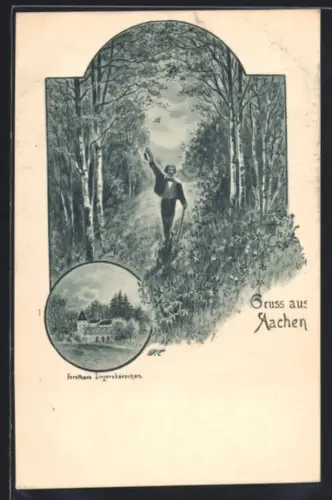 Lithographie Aachen, Forsthaus Linzenshäuschen, Spaziergänger im Wald