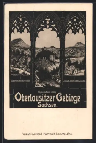 Lithographie Oybin /Oberlausitzer Gebirge, Durchblick auf den Ort