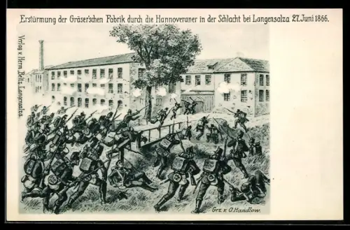 Künstler-AK Langensalza, Erstürmung der Gräserschen Fabrik, Schlacht bei Langensalza 27. Juni 1866