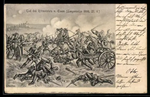 Künstler-AK Tod des Rittmeisters v. Einem, Langensalza 1866