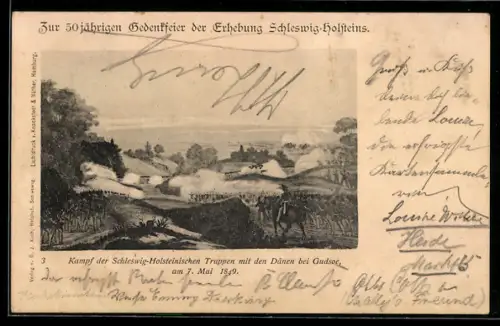 AK 50jährige Gedenkfeier der Erhebung Schleswig-Holsteins, Kampf der Schleswig-Holsteinischen Truppen bei Gudsoe 1849