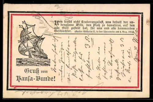 AK Hansa Bund Segelschiff auf hoher See