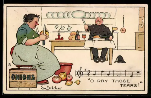 Künstler-AK Raphael Tuck & Sons Nr. 6091: Humorous, Lied O Dry Those Tears, eine Frau weint beim Zwiebelschneiden