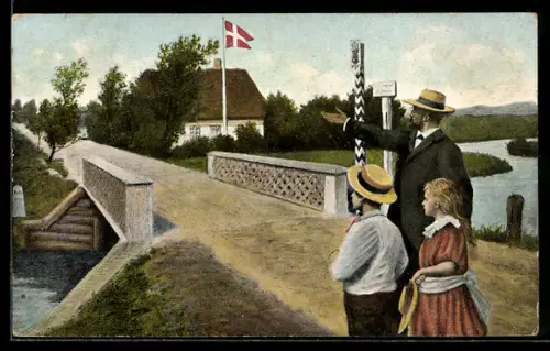 AK Vater mit Kindern an einer Brücke mit Grenzemarkierung