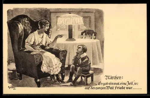 AK Mutter erzählt ihrem Kind eine Geschichte, Es gab einmal eine Zeit, wo auf der ganzen Welt Friede war