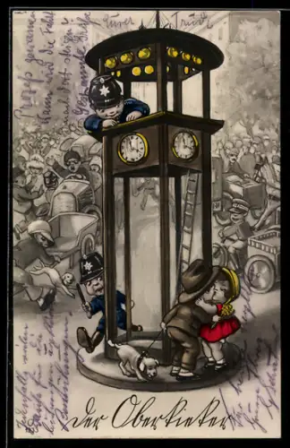 AK Polizisten am Turm mit sich küssendem Pärchen