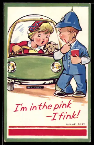 Künstler-AK sign. Mollie Grey: Polizist mit Helm bei der Verkehrskontrolle einer Frau mit Hund