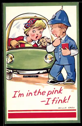 Künstler-AK sign. Mollie Grey: Polizist mit Helm bei der Verkehrskontrolle einer Frau