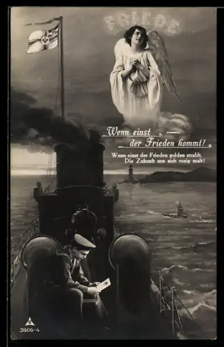AK Wenn einst der Frieden kommt!, Matrose liest einen Brief, U-Boot, Friedensengel