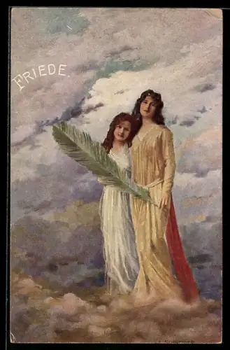 Künstler-AK zwei Friedensengel in den Wolken mit grünem Zweig
