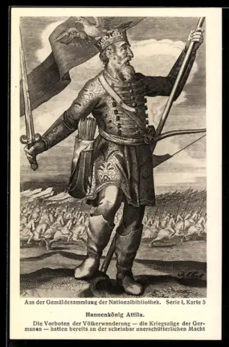 AK Hunnenkönig Attila auf dem Schlachtfeld, Schwert und Flagge in den Händen