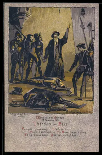 AK Genf, Theologe Théodore de Bèze spricht zu den Menschen, Reformation