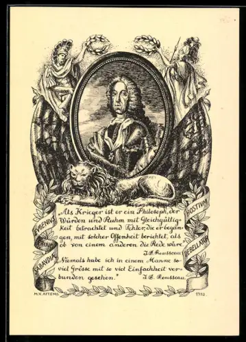 Künstler-AK sign. M.V. Attems: Portrait von Prinz Eugen mit einem Löwen