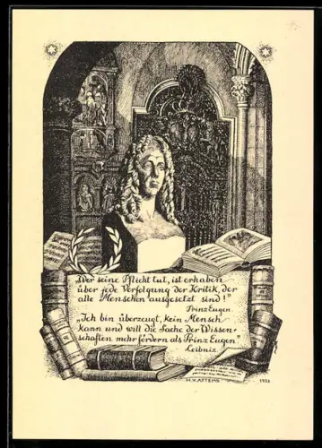 Künstler-AK sign. M.V. Attems: Büste von Prinz Eugen im Studierzimmer