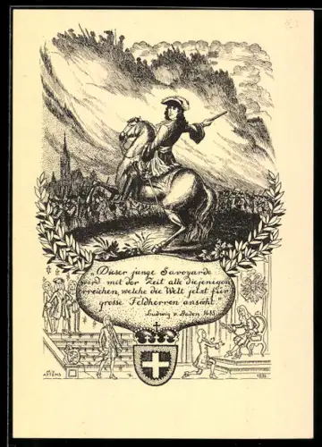 Künstler-AK sign. M.V. Attems: Prinz Eugen zu Pferde mit Zitat über ihn von Ludwig von Baden