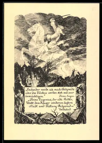 Künstler-AK sign. M.V. Attems: Prinz Eugen als ätherischer Reiter über lagernden Soldaten