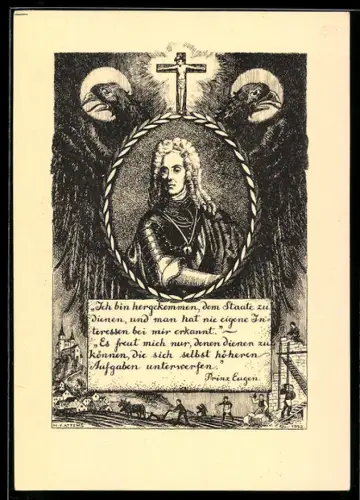 Künstler-AK sign. M.V. Attems: Portrait von Prinz Eugen mit Adlern und Gekreuzigtem
