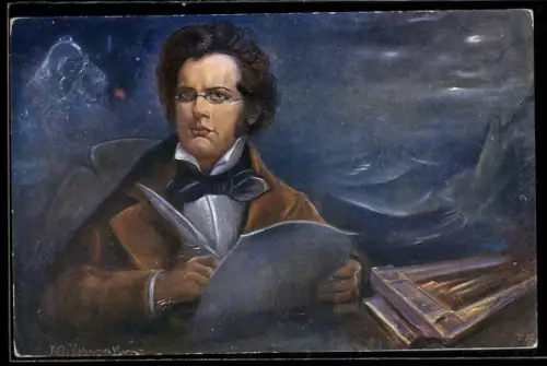 Künstler-AK Franz Schubert komponiert Au bord de la mer