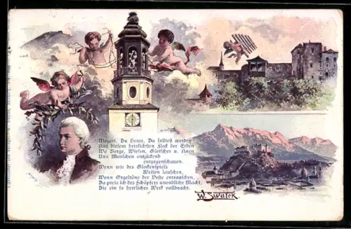 Künstler-AK Salzburg, Blick auf die Stadt und die Burg, Stieglkeller