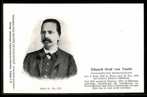 AK Portrait Eduard Graf von Taaffe, Österreichischer Ministerpräsident