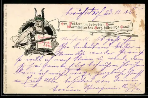 AK Germania mit Schwert und Flügelhelm, Buch mit Bez. Deutsche Sprache und Sitten