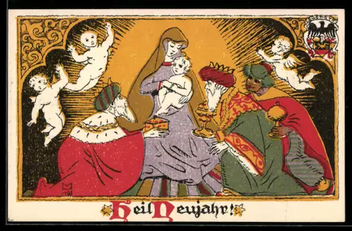 AK Maria mit dem Kinde, Huldigung der drei heiligen Könige