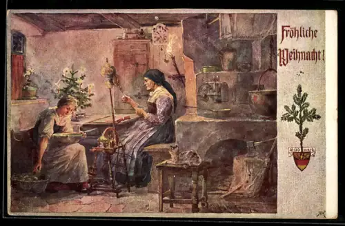 Künstler-AK Hans Kaufmann: Frau beim Spinnen mit ihrer Tochter zu Weihnachten
