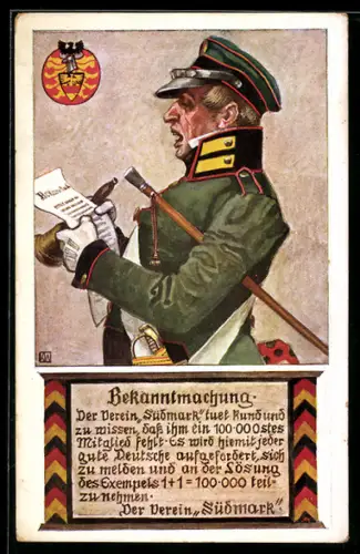 Künstler-AK Karl Alex Wilke: Bekanntmachung, Suche nach dem 100.000 sten Mitglied Verein Südmark