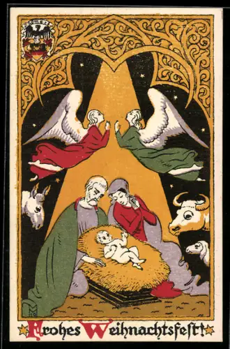 AK Die Heilige Familie mit dem Kinde, betende Engel