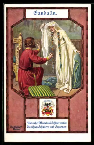 AK Sage von Gandalin, Mann kniend vor einer verschleierten Dame
