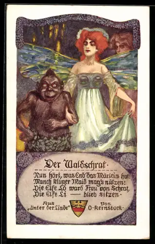 Künstler-AK Karl Alex Wilke: Elfe Arm in Arm mit dem Waldschrat, Spruch