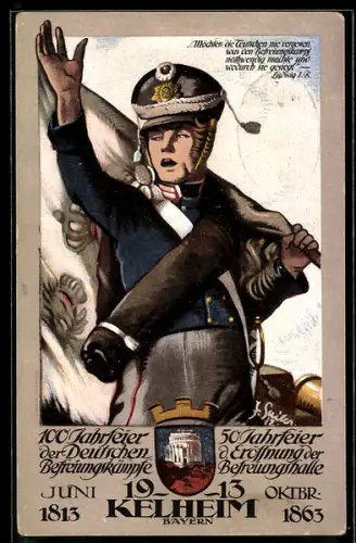 Künstler-AK Kelheim, 100-Jahrfeier der Deutschen Befreiungskämpfe 1913, Wappen