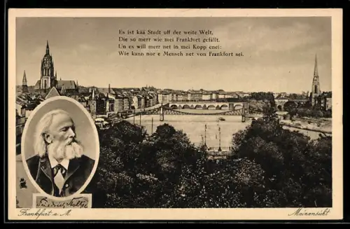 AK Frankfurt, Mainansicht, Porträt und Zitat Friedrich Stoltzes
