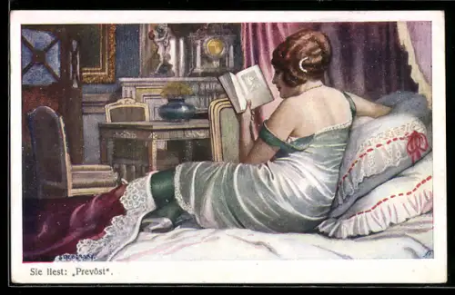 Künstler-AK Dame liest Prevost im Bett sitzend
