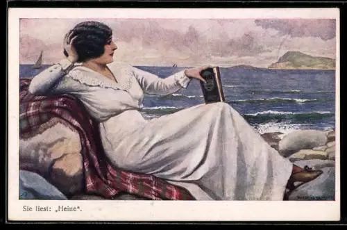 Künstler-AK Dame sitzt an der Küste und liest Heine
