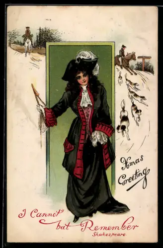 AK I cannot but Remember von Shakespeared, Dame mit Fächer, Jagdhunde