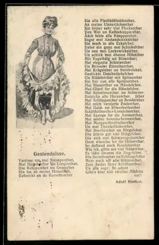 AK Gedicht Gestendnisse von Adolf Stoltze, Dame hebt ihren Rock