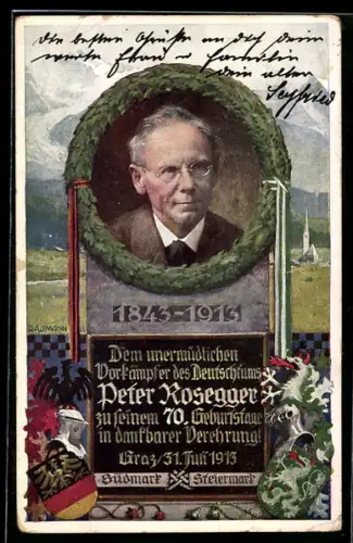 AK Peter Rosegger, 70. Geburtstag 1913