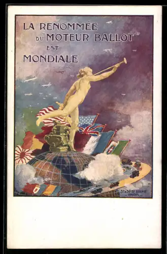 AK Moteur Ballot, Autos fahren um die Weltkugel, Flaggen und Flugzeug