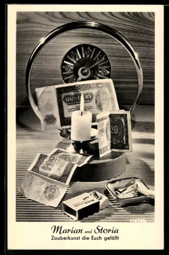AK Zauberer Marian und Storia, Geldschein, Kerze, Streichholzschachtel