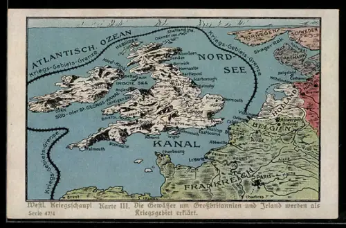 Künstler-AK Gewässer um Grossbritannien und Irland werden als Kriegsgebiet erklärt, U-Boot