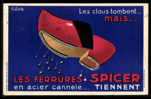Künstler-AK Les Ferrrures Spicer, Schuh mit Metallbesohlung