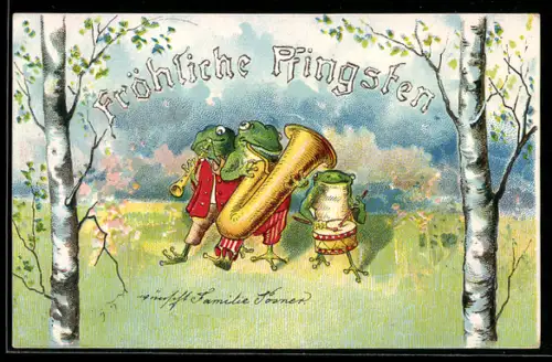 AK Drei musizierende Frösche auf einer Wiese, Pfingstgruss, vermenschlichte Tiere
